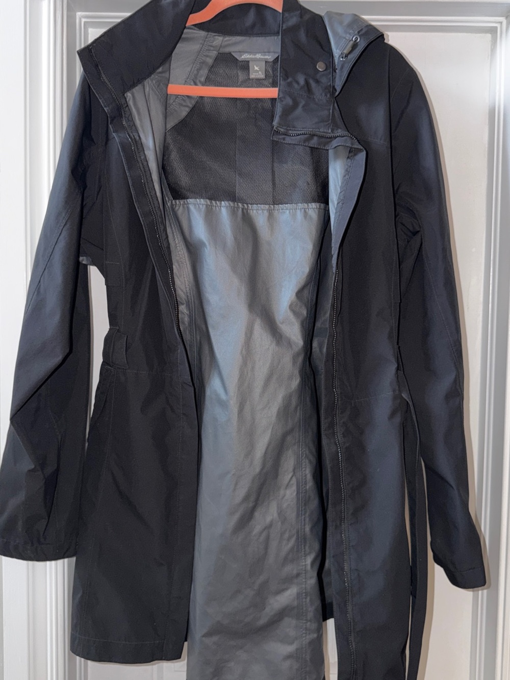 Eddie Bauer Black Hooded Trench Rain Coat with Gray Inside